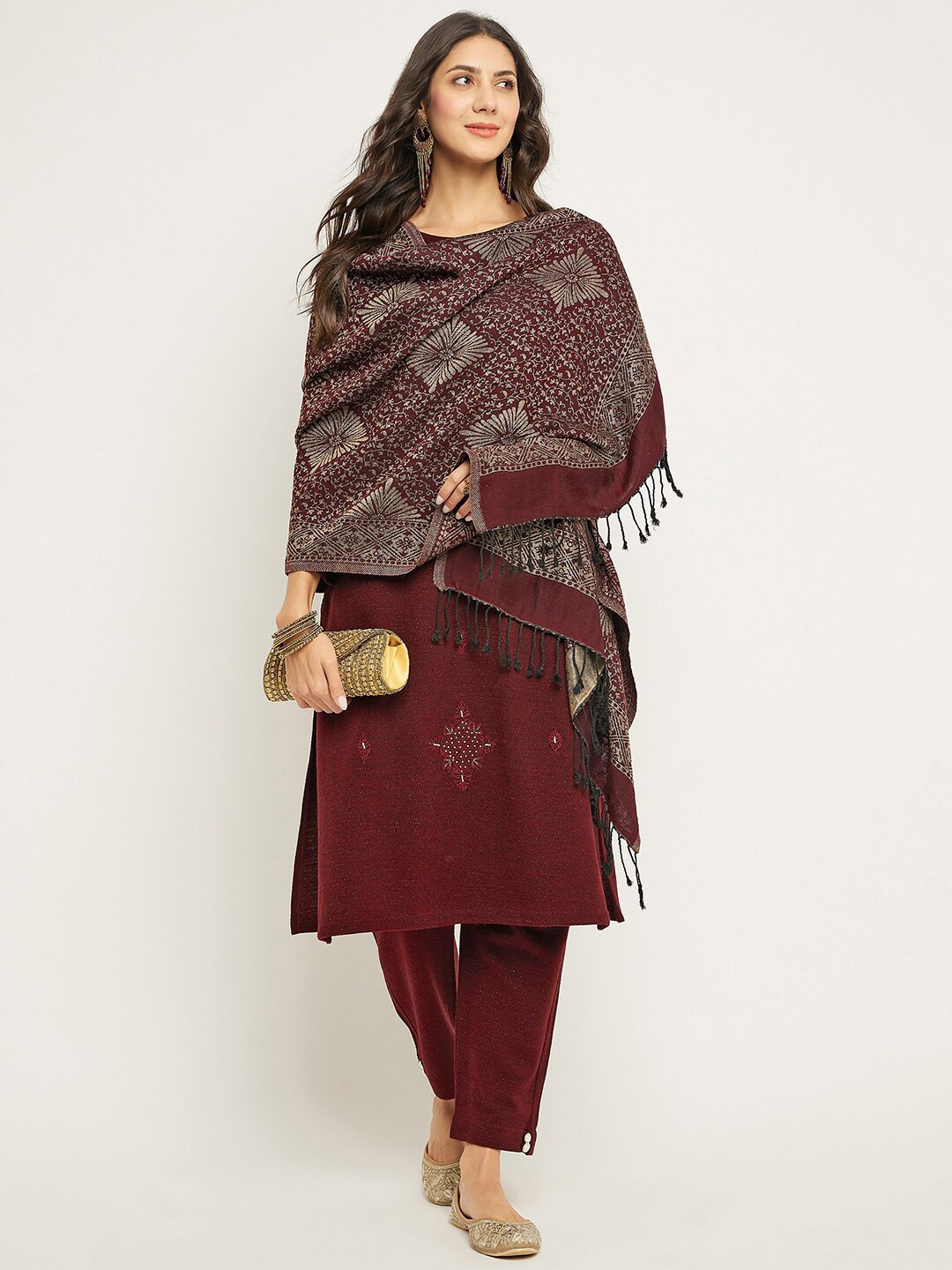 Zigo Winter Wear Floral Embroidered Beads and Stones Acrylic Kurta With Trousers & Dupatta