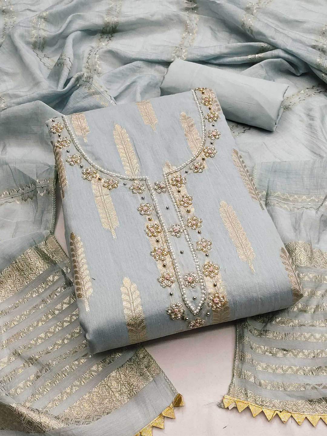 KALINI Woven Design Beads & Stone Banarasi Jacquard Unstitched Dress Material