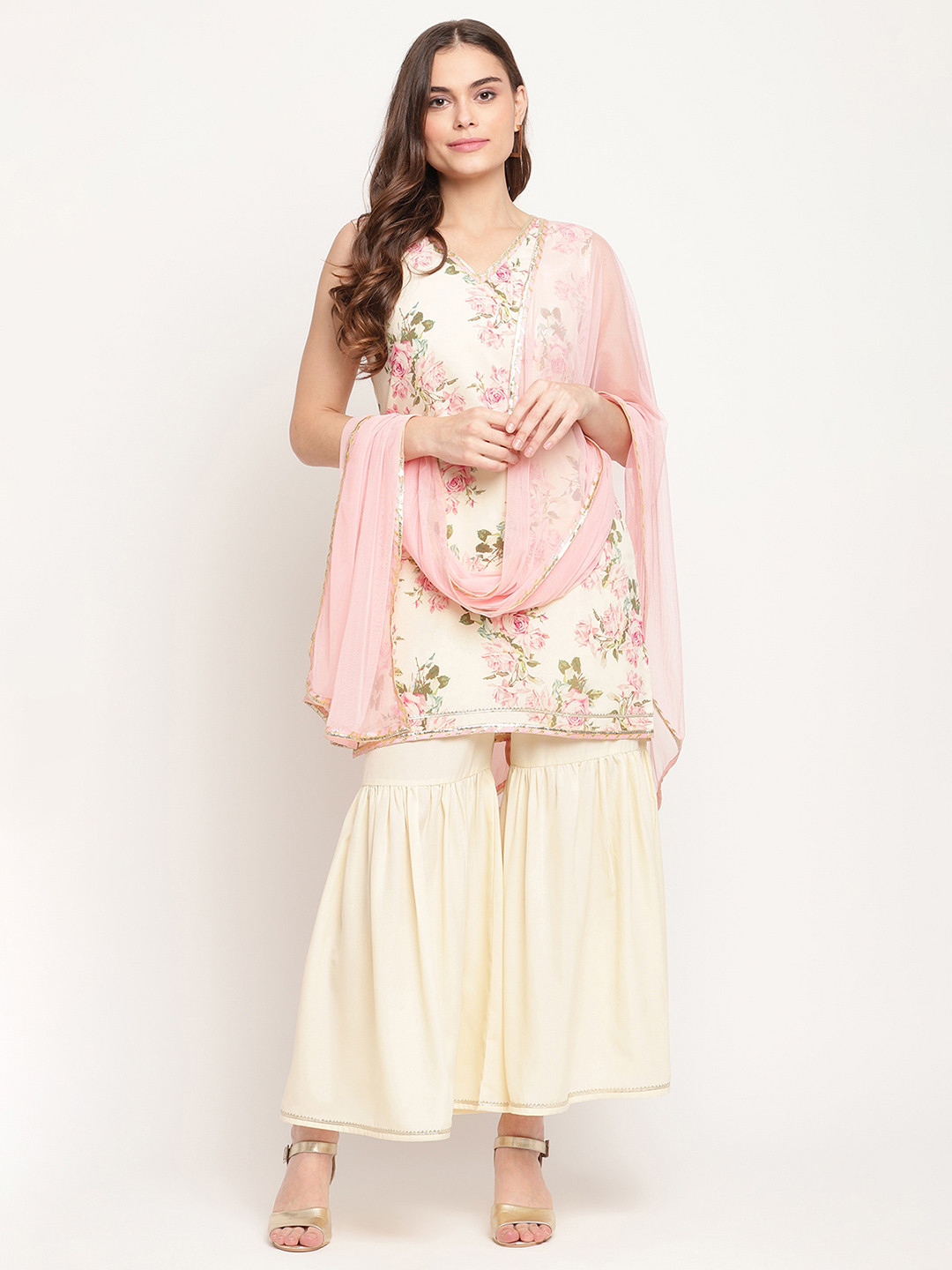 Ahalyaa Off White Floral Printed V-Neck Gotta Patti Kurta With Sharara & Dupatta