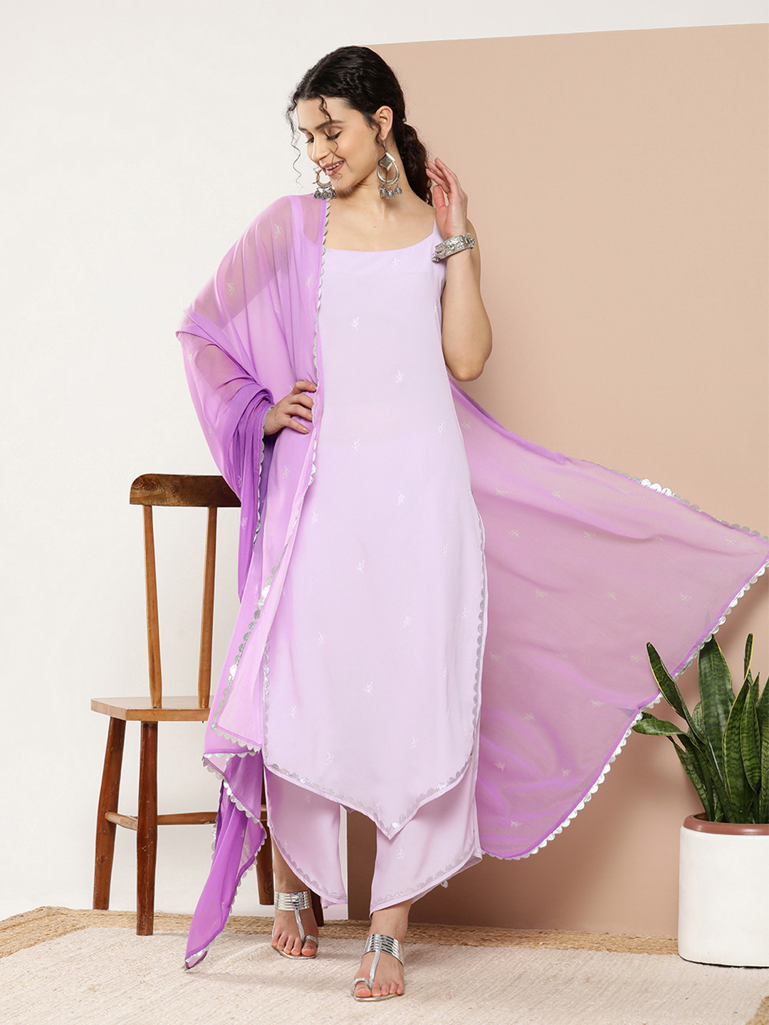 Ahalyaa Lavender Floral Printed Shoulder Straps Gotta Patti Kurta With Palazzos & Dupatta
