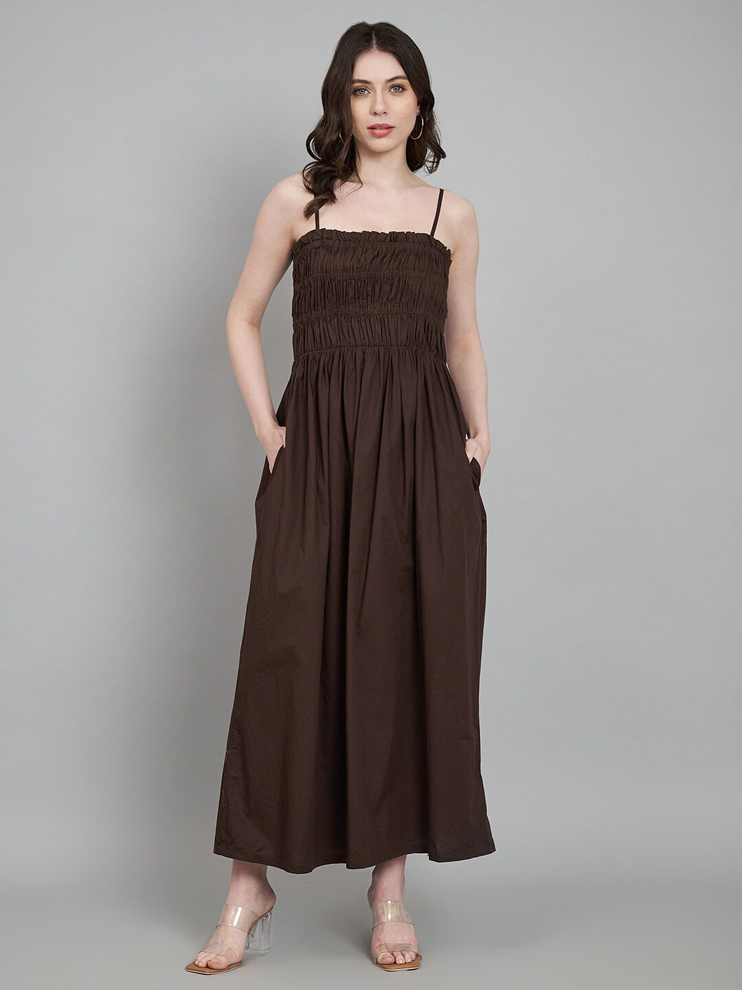 Amagyaa Shoulder Straps Smocked Cotton Maxi Dress