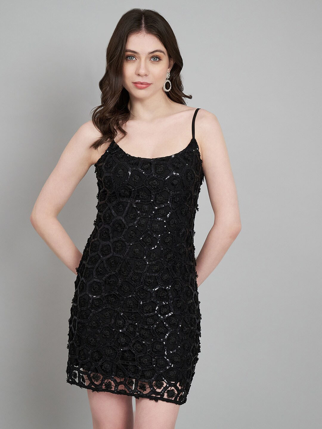 Amagyaa Sequin Embellished Shoulder Straps Lace Bodycon Dress