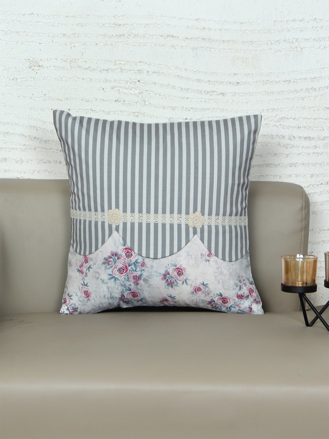 ZEBA Grey & White Striped Embroidered Square Cushion Cover