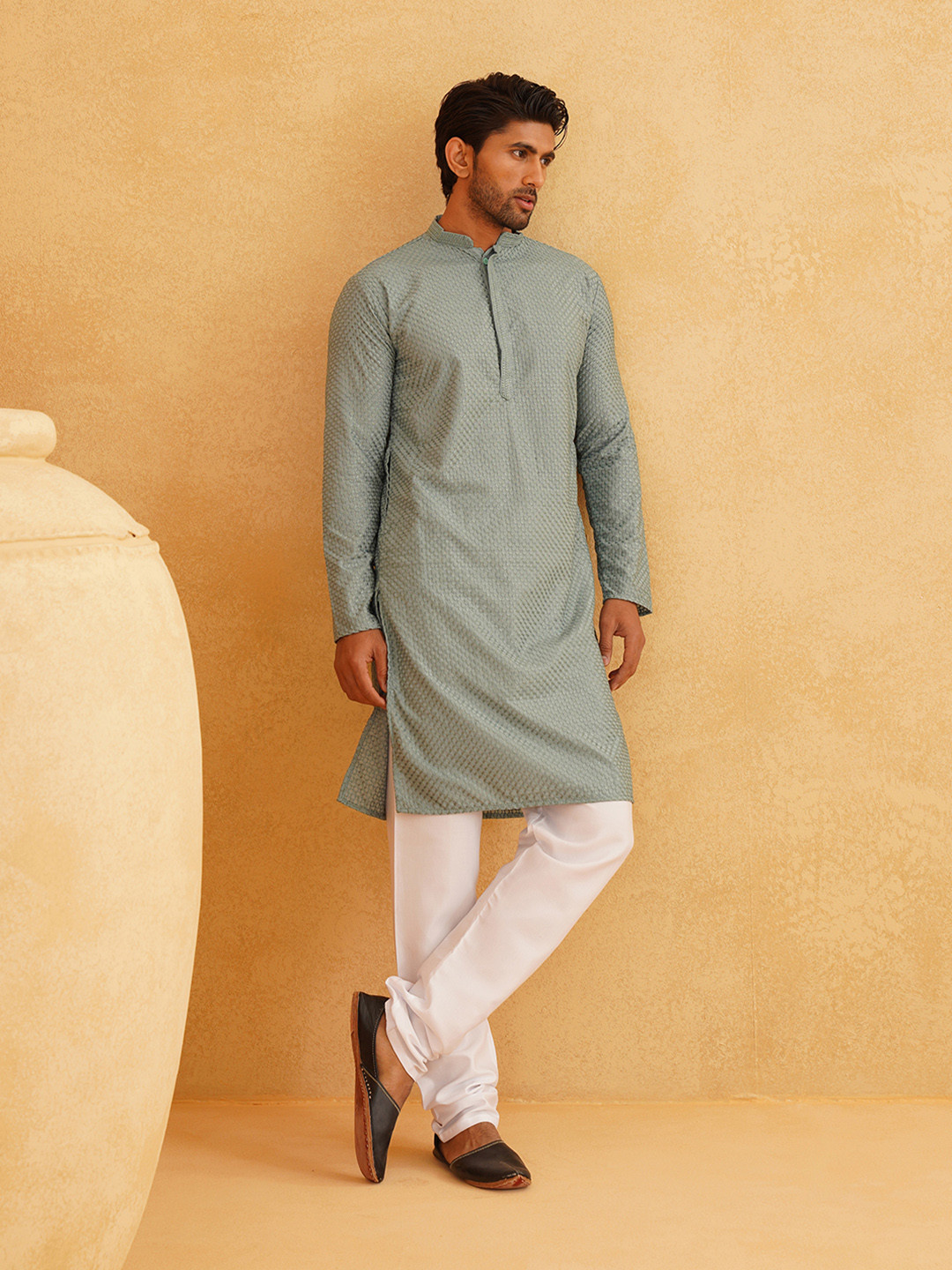 SOJANYA Geometric Embroidered Mandarin Collar Long Sleeves Pure Cotton Kurta With Churidar