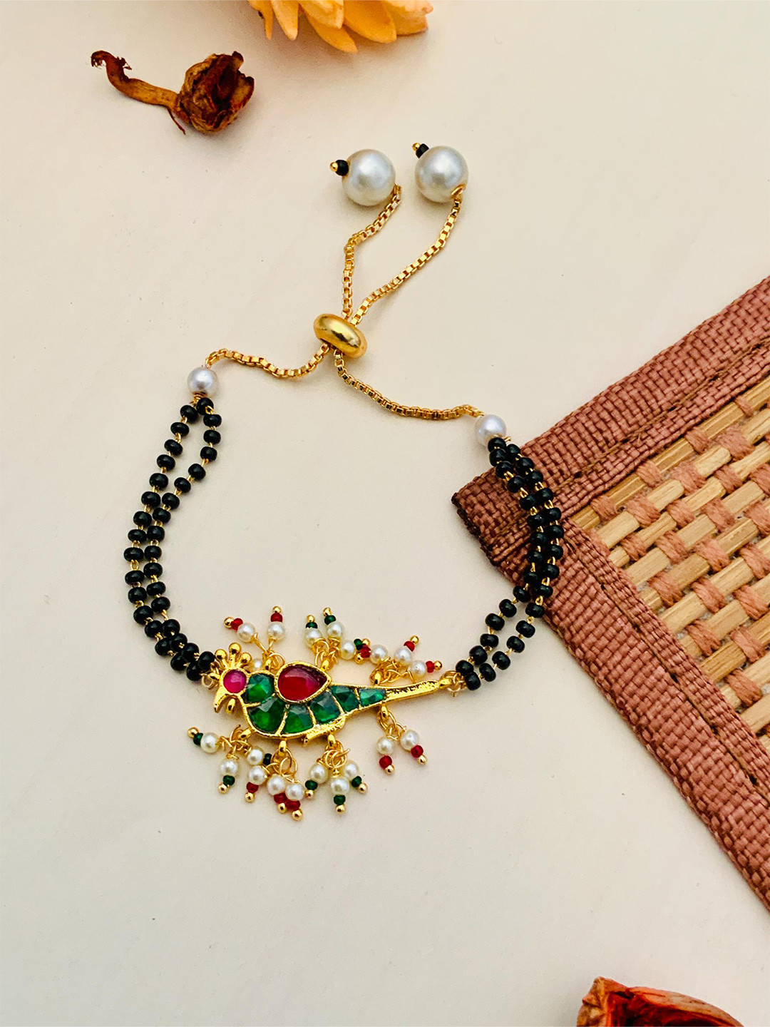 ABDESIGNS Gold-Plated Parrot Pachi Kundan-Studded & Beaded Mangalsutra