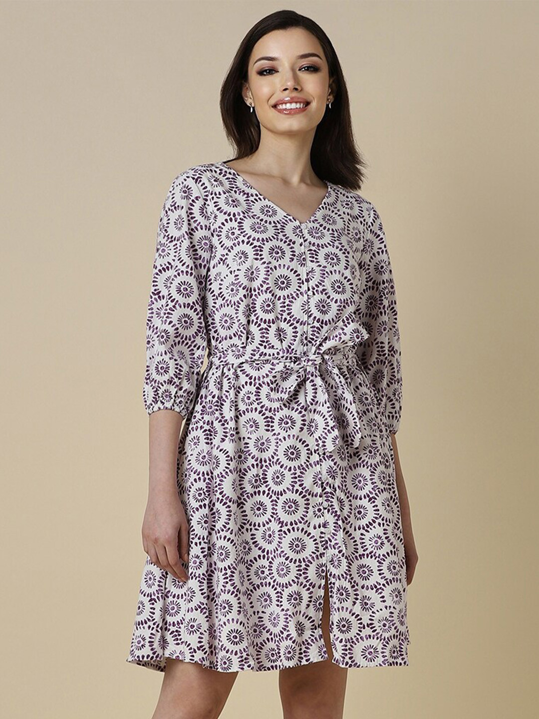 Allen Solly Woman White and Black Floral Print Fit & Flare Casual Dress