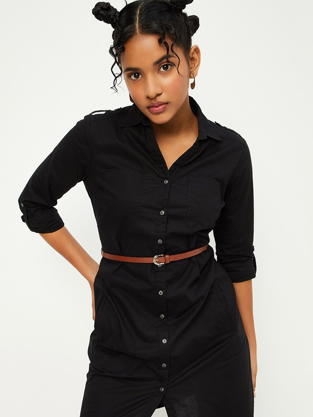 max Curved Hem Solid Shirt Dress