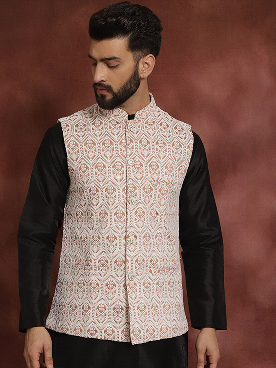 Anouk Peach-Coloured Embroidered Mandarin Collar Nehru Jacket