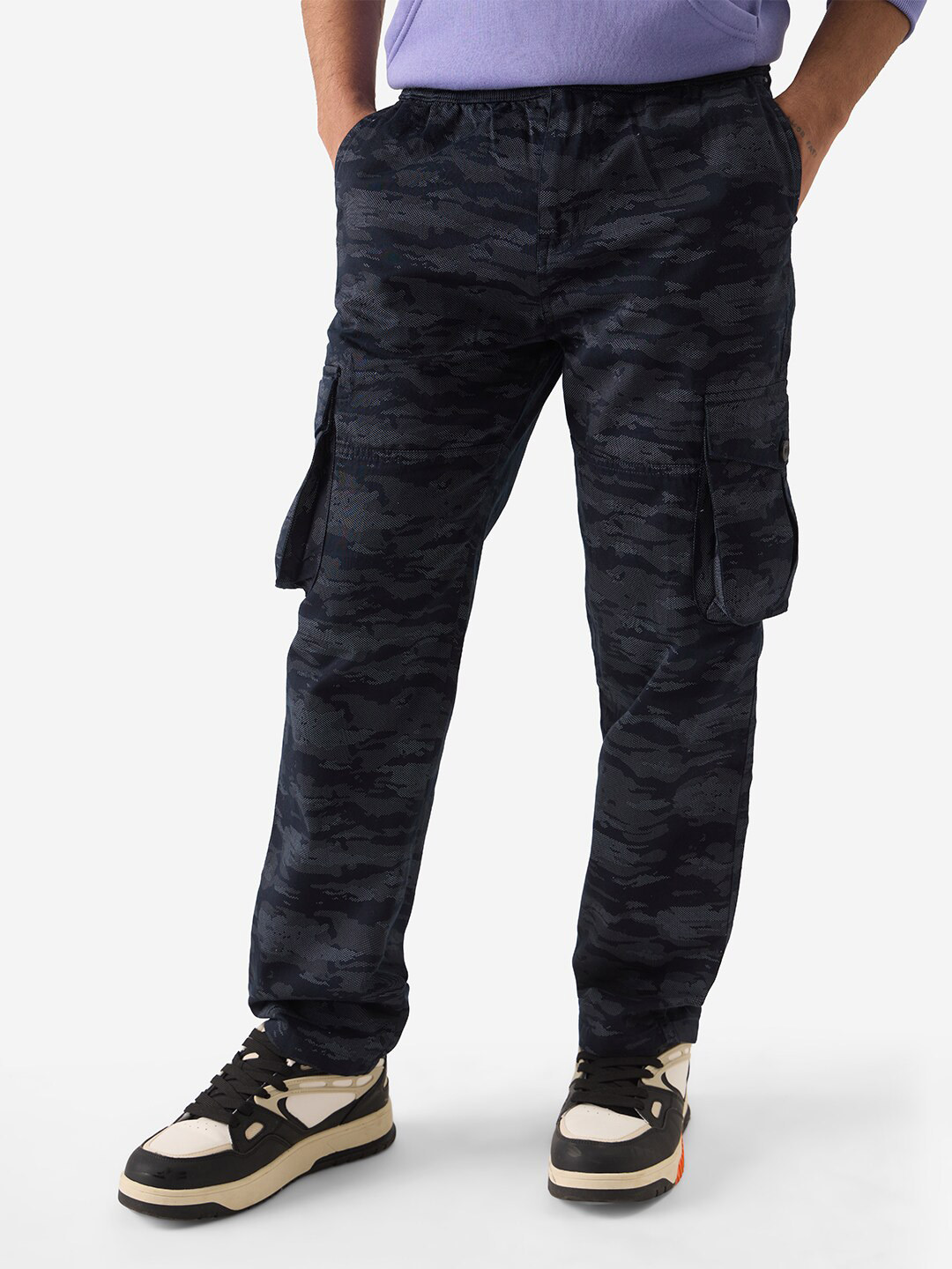 The Souled Store Men Solids: Camo Navy Navy Blue Straight Fit Cargo Pants