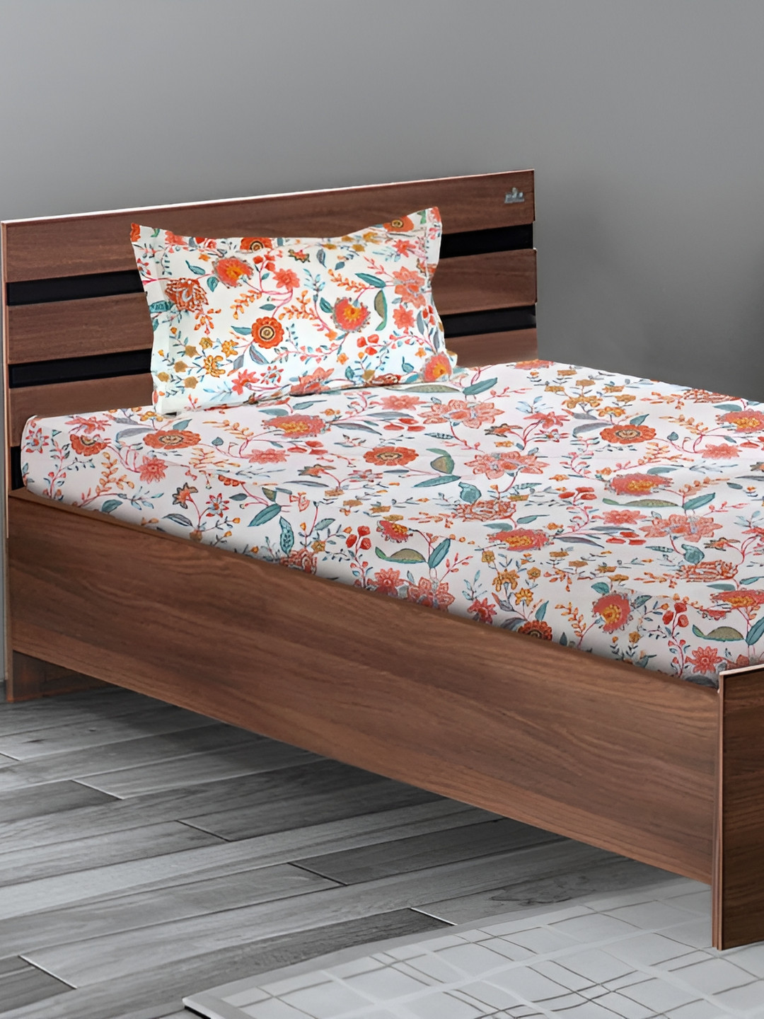 Stylista Premium Off White Floral Cotton 400 TC Fitted Single Superfine Bedsheet with a Pillow Cover-75 x 46 inches