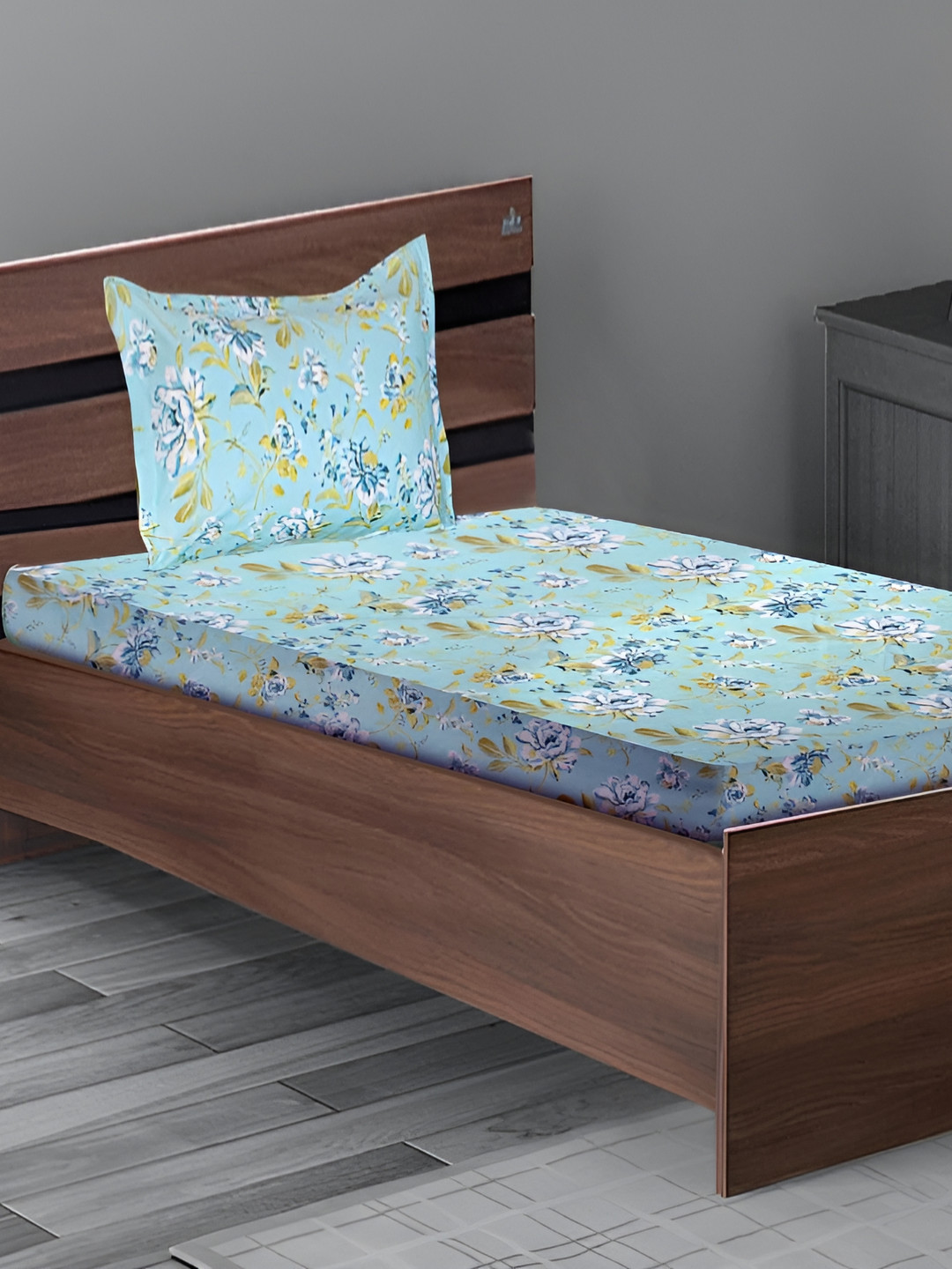 Stylista Premium Blue Floral Cotton 400 TC Fitted Single Superfine Bedsheet with a Pillow Cover-87 x 93 inches