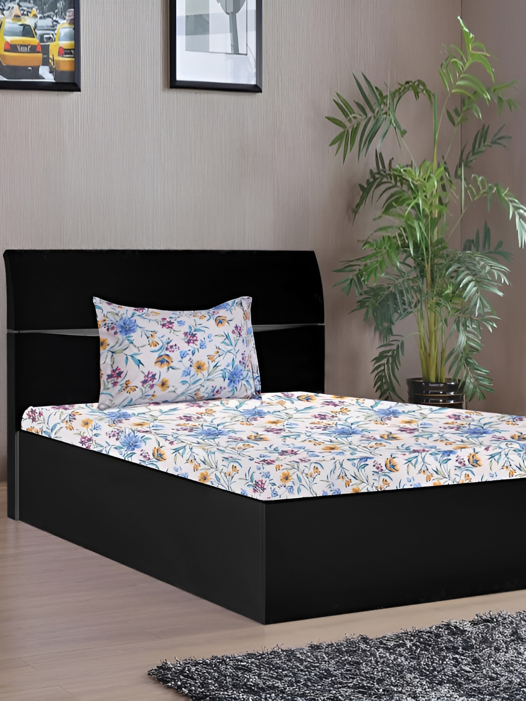 Stylista Blue Floral Cotton 400 TC Fitted Single Superfine Bedsheet with a Pillow Cover-190 x 121 cm