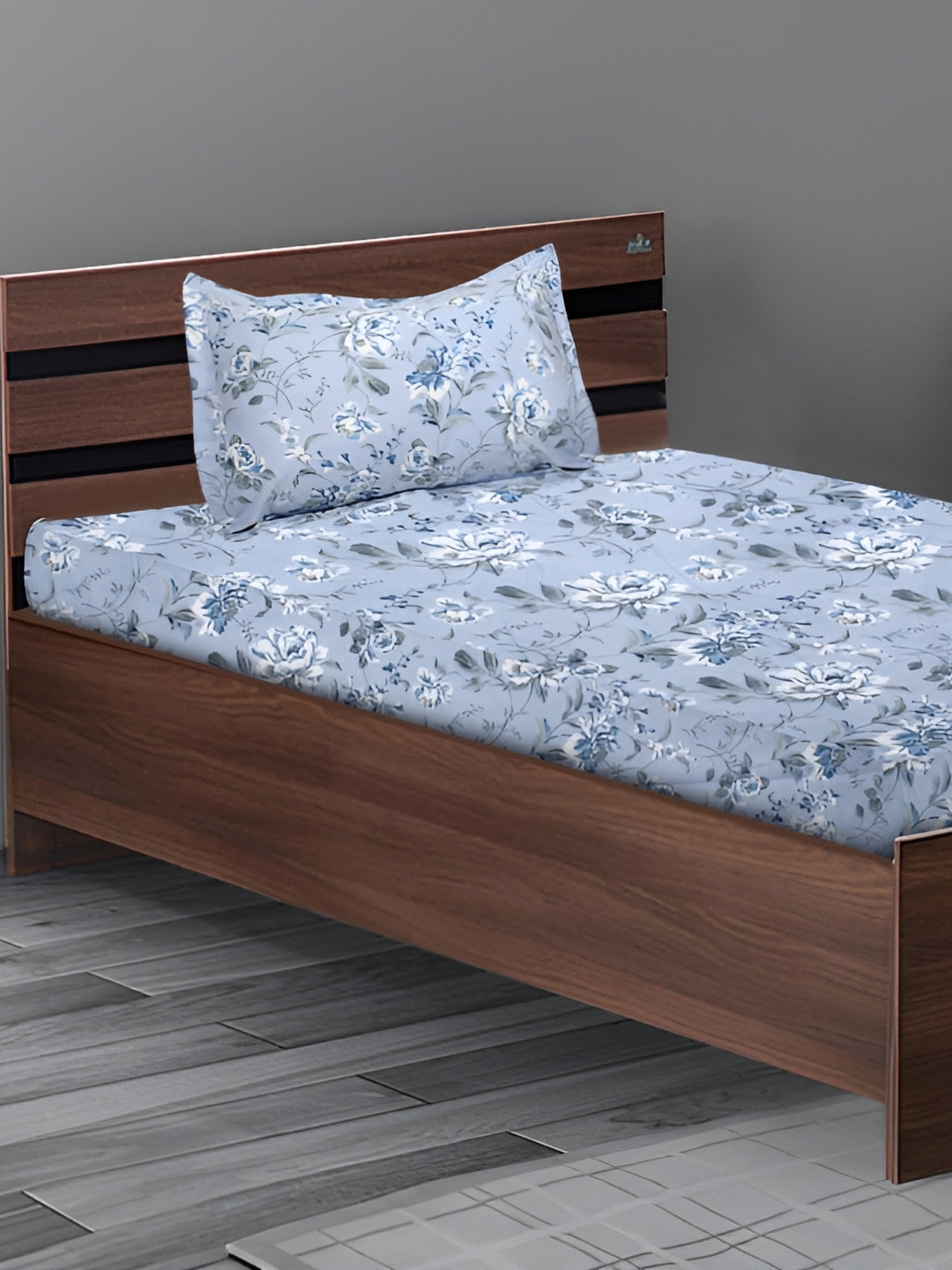 Stylista Blue Floral Cotton 400 TC Fitted Single Superfine Bedsheet with a Pillow Cover-190 x 121 cm