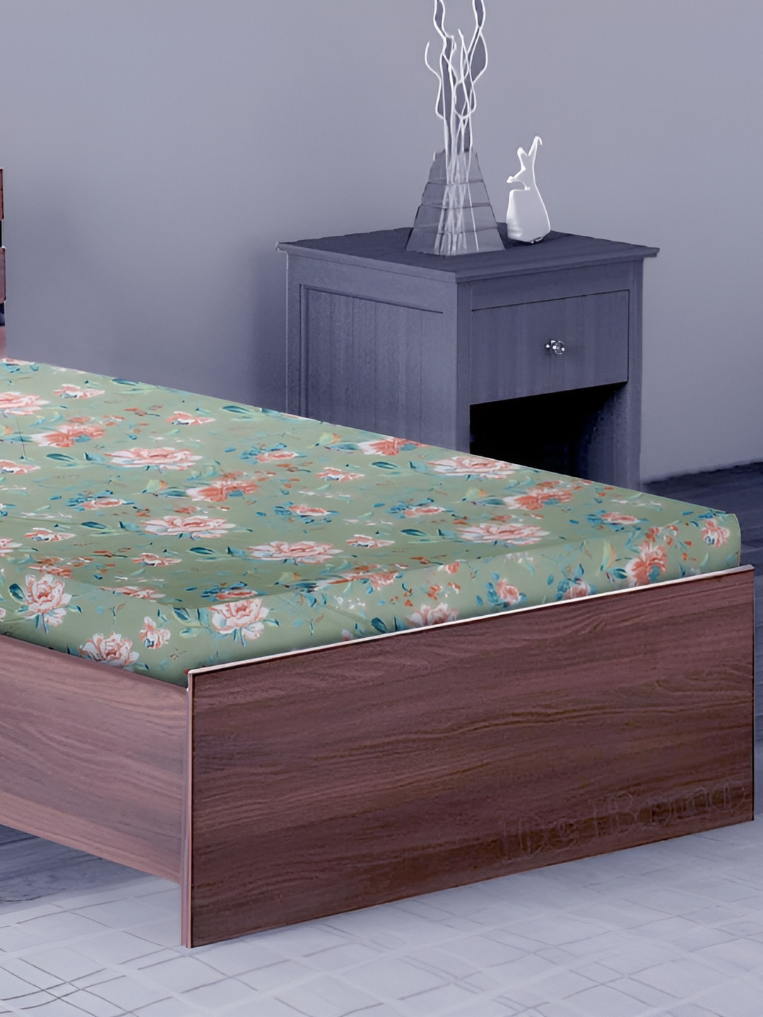 Stylista Green Floral Cotton 400 TC Fitted Single Superfine Bedsheet with a Pillow Cover-75 x 48 inches