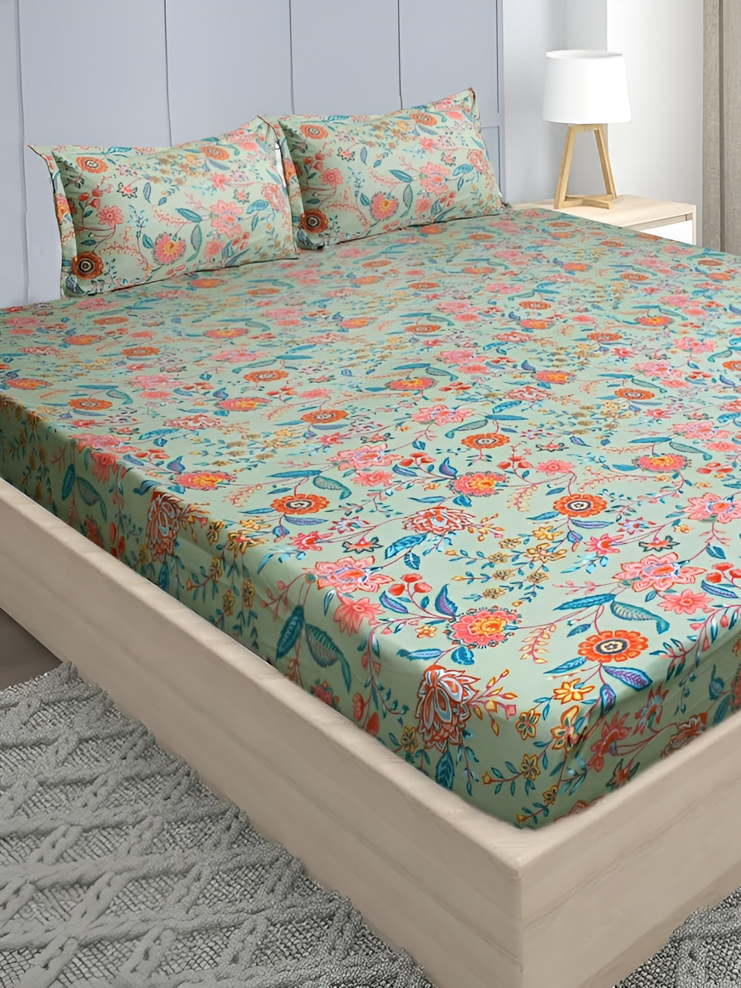 Stylista Green Floral Cotton 400 TC Fitted King Superfine Bedsheet with 2 Pillow Covers-29 x 20 inches