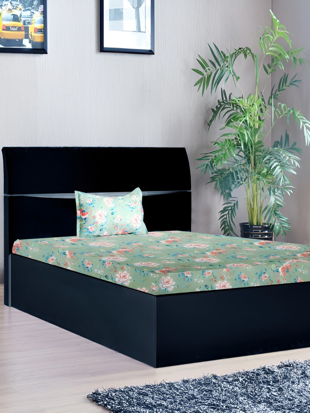 Stylista Green Floral Cotton 400 TC Fitted Single Superfine Bedsheet with a Pillow Cover-48 x 78 inches