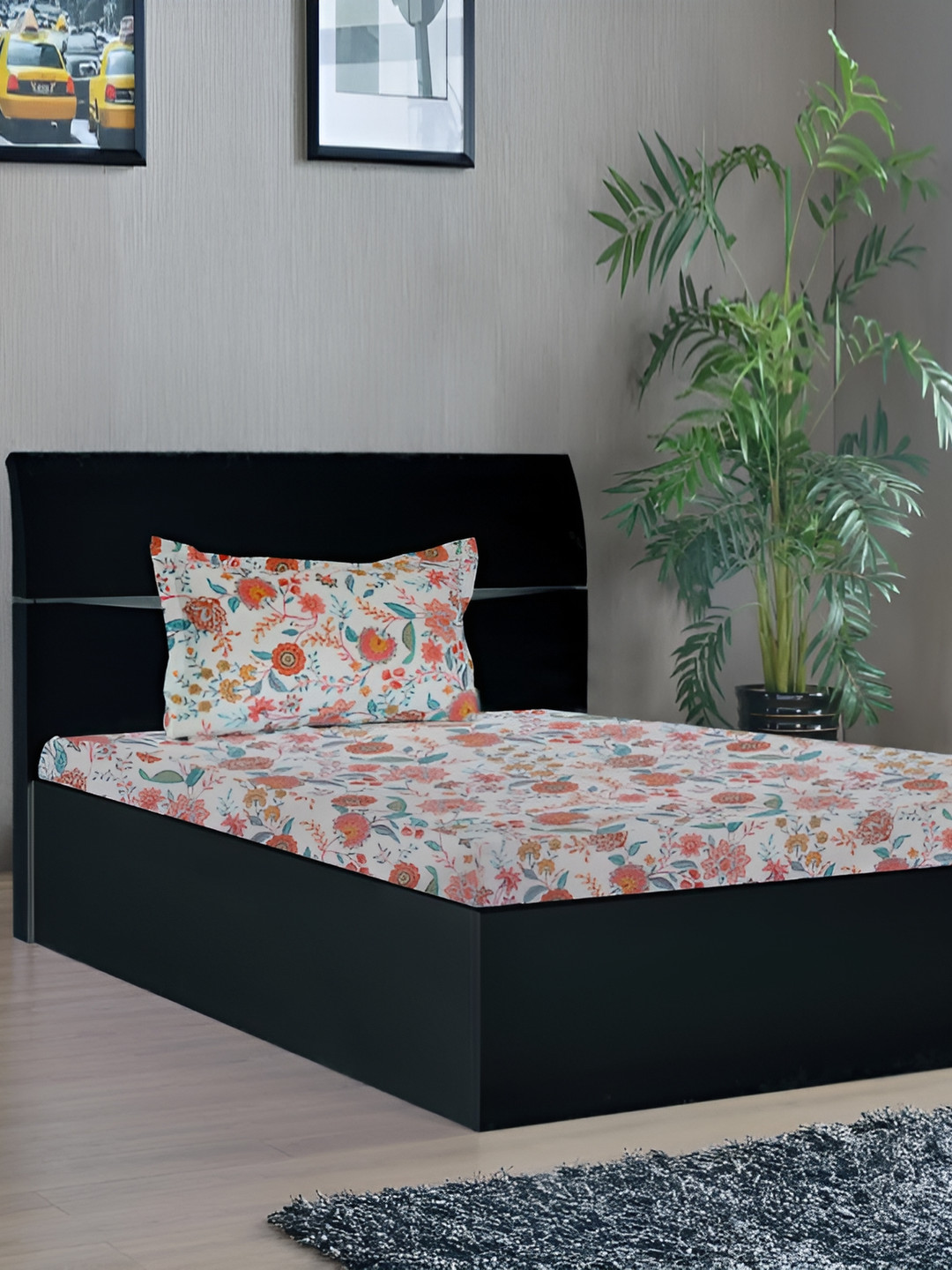 Stylista Premium Off White Floral Cotton 400 TC Fitted Single Superfine Bedsheet with a Pillow Cover-48 x 78 inches