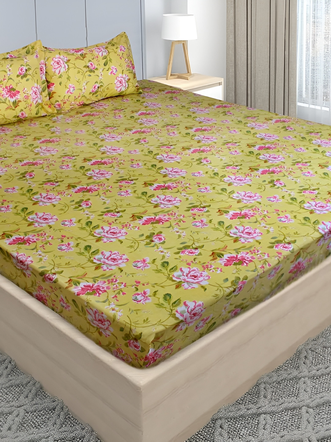 Stylista Mystique Yellow Floral Cotton 400 TC Fitted Queen Superfine Bedsheet with 2 Pillow Covers-60 x 78 inches