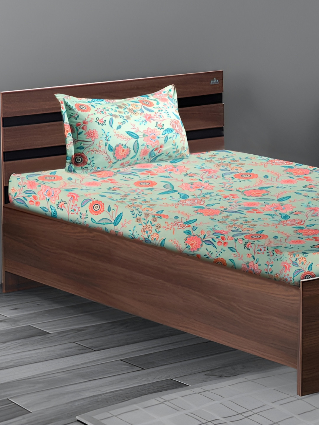 Stylista Lifestyle Green Floral Cotton 400 TC Fitted Single Superfine Bedsheet with a Pillow Cover-36 x 78 inches