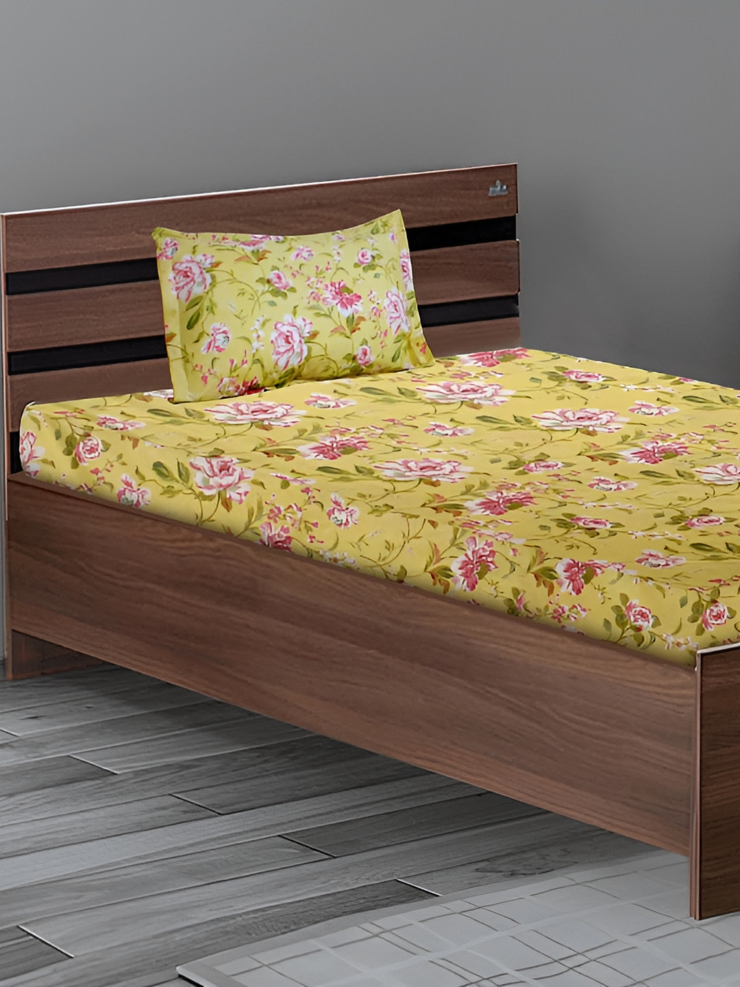 Stylista Royal Lifestyle Yellow Floral Cotton 400 TC Fitted Single Superfine Bedsheet with a Pillow Cover-36 x 78 inches