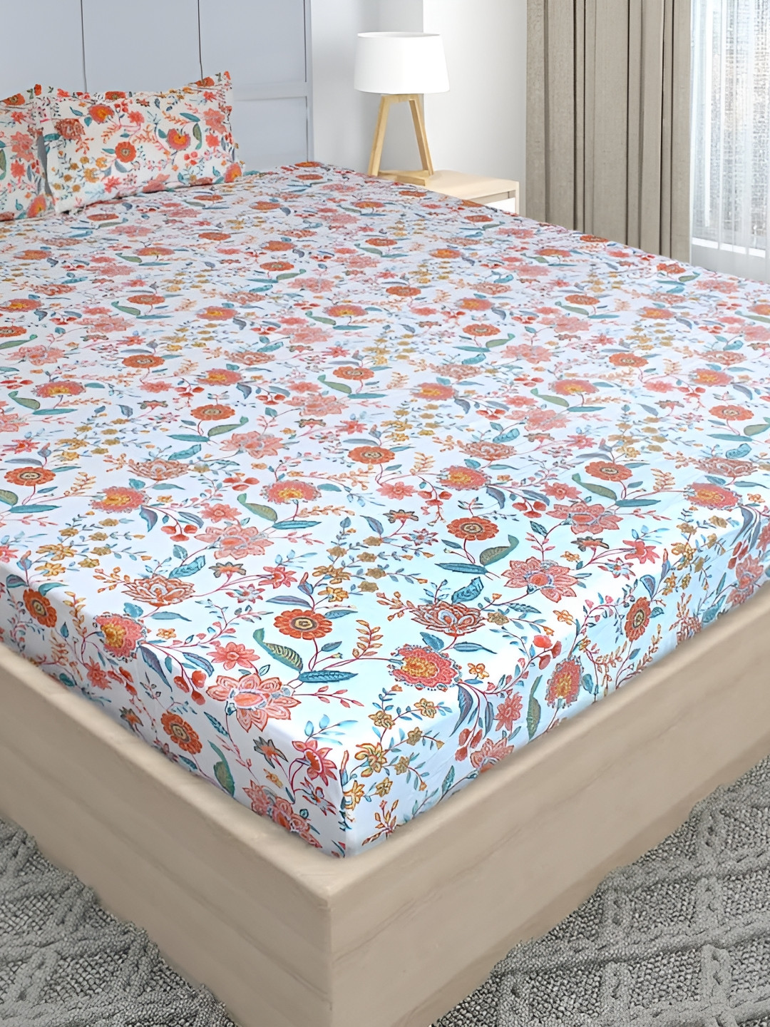 Stylista Lounge Off White Floral Cotton 400 TC Fitted Queen Superfine Bedsheet with 2 Pillow Covers-75 x 60 inches