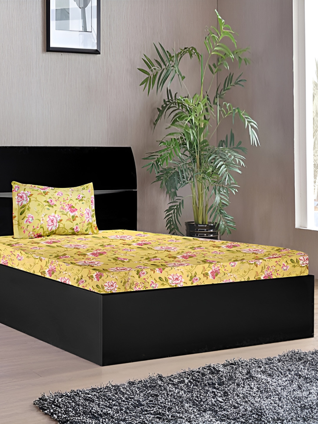 Stylista Premium Yellow Floral Cotton 400 TC Fitted Single Superfine Bedsheet with a Pillow Cover-198.12 x 121.92 cm