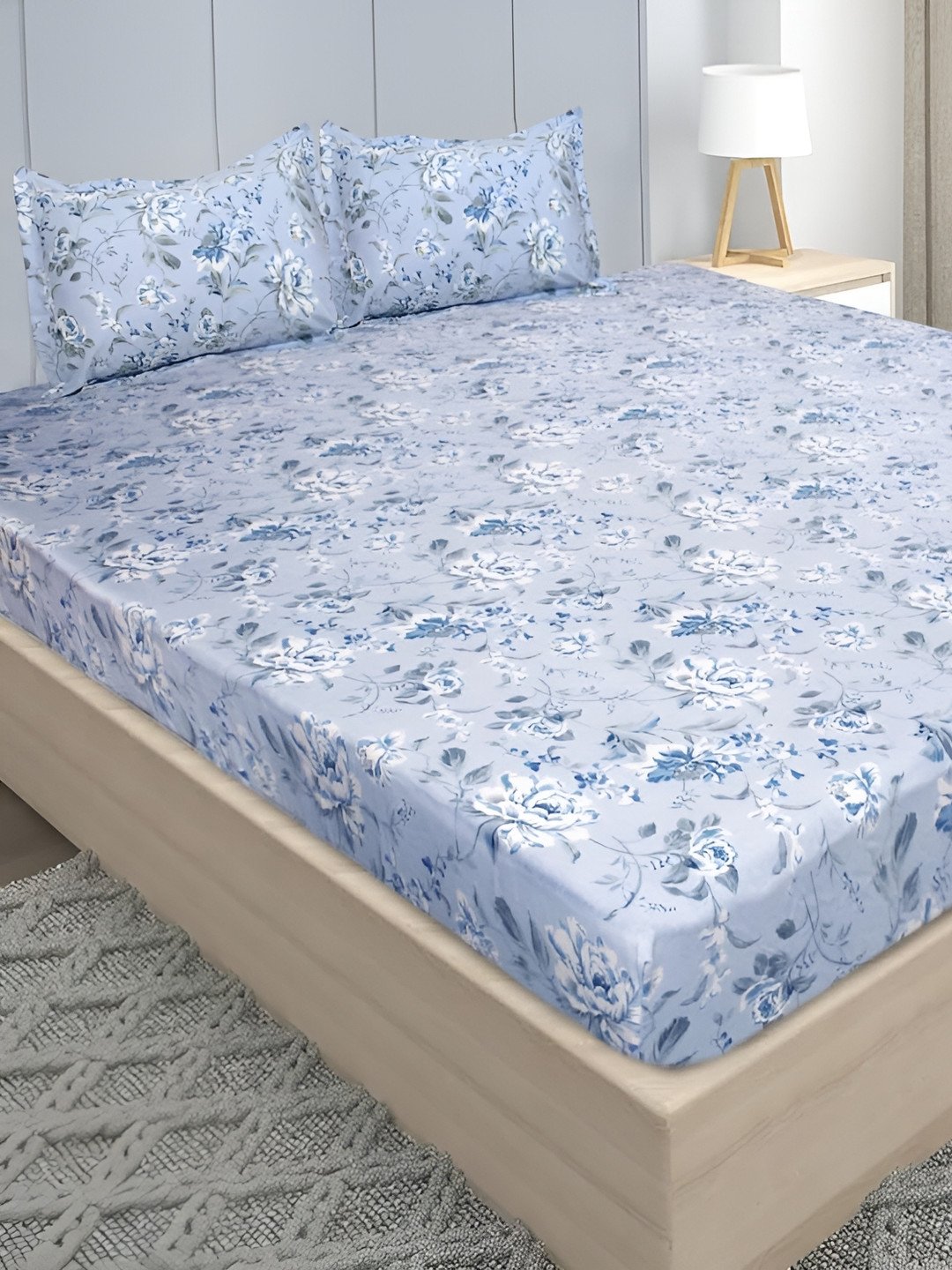 Stylista Premium Blue Floral Cotton 400 TC Fitted King Superfine Bedsheet with 2 Pillow Covers-7800 x 750 inches