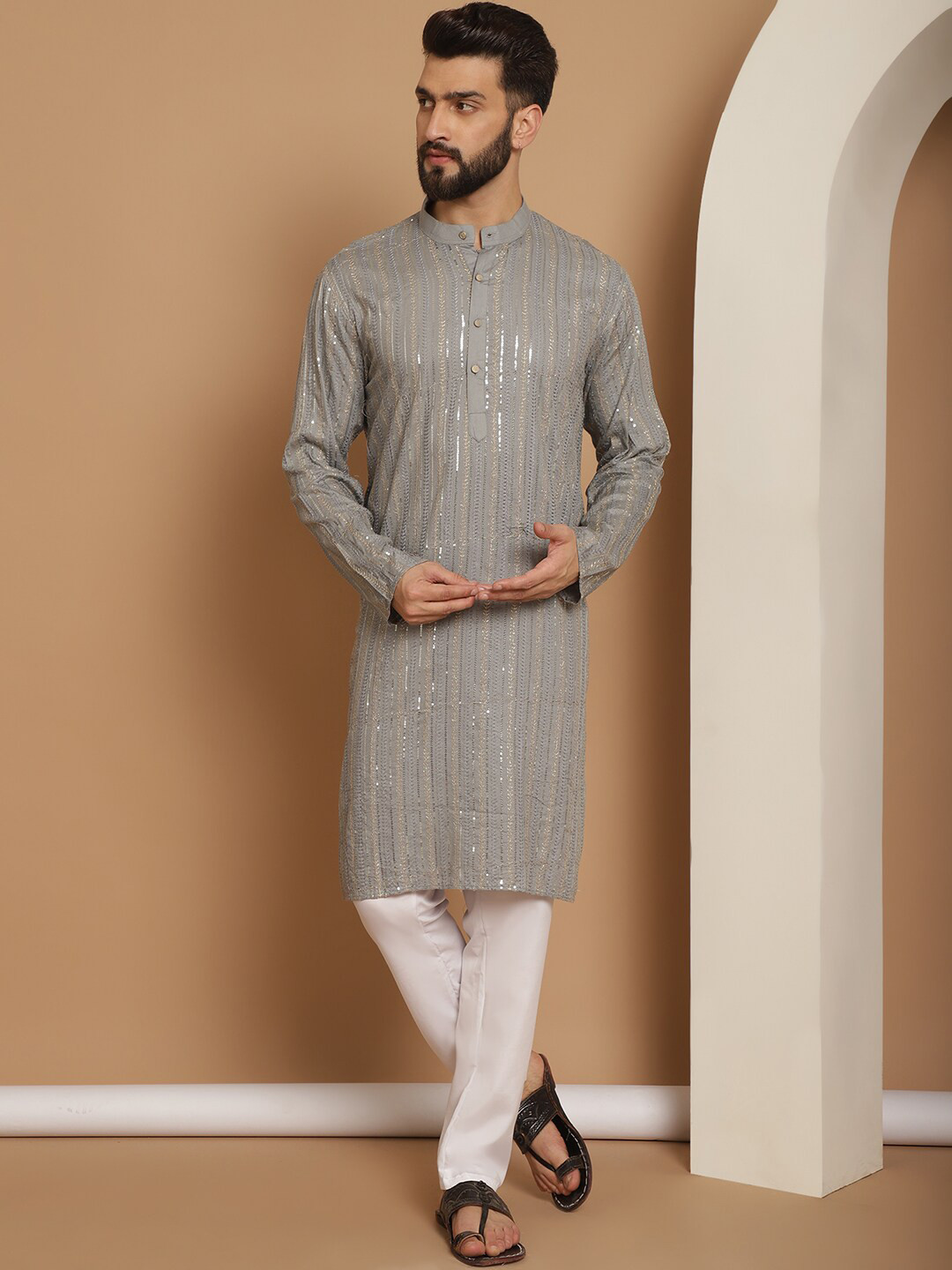 Anouk Grey Leheriya Embroidered Mandarin Collar Pure Cotton Straight Kurta With Churidar