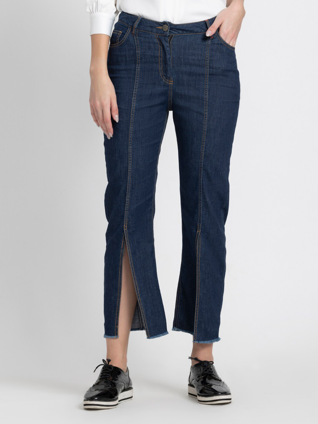 SHAYE Cotton Washed Front Slit Smart Straight Fit Stretchable Jeans