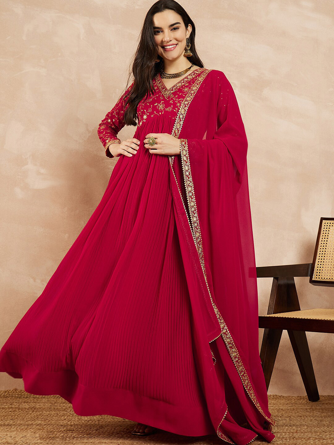 Inddus Floral Yoke Design Gotta Patti Georgette Anarkali Kurta With Dupatta