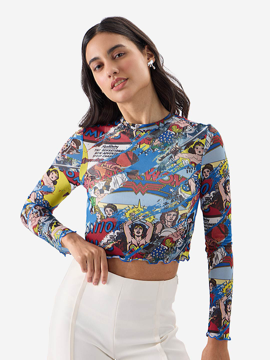 The Souled Store Blue & Yellow Wonder Woman Printed Crop Top