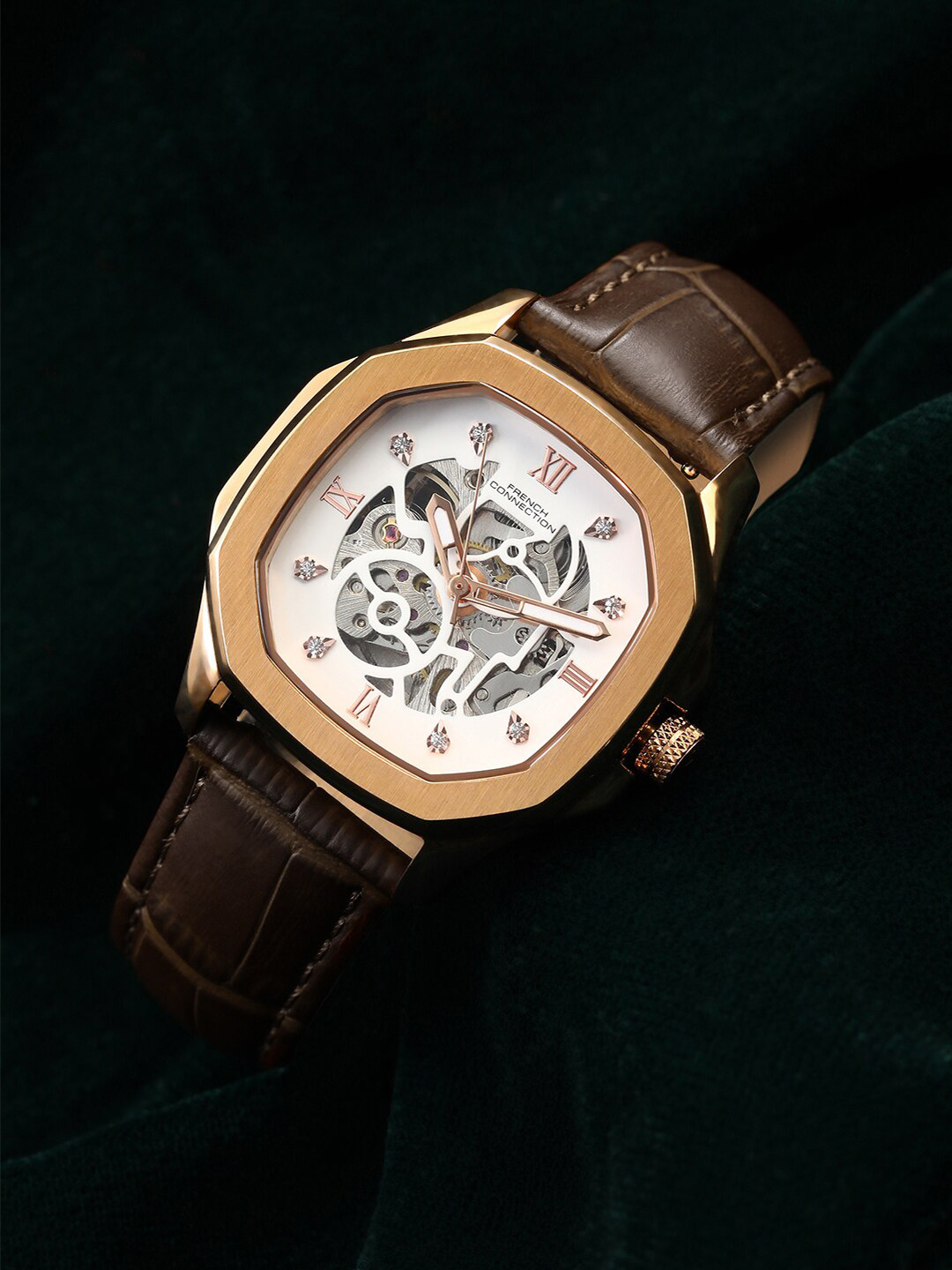 French Connection Women Skeleton Dial & Leather Strap Automatic Watch