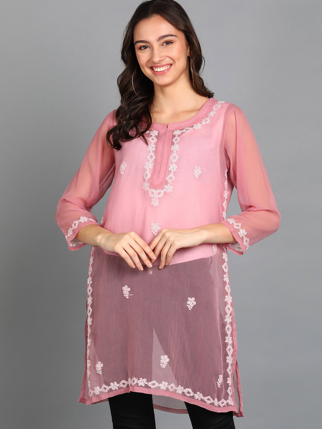 VAHSON Floral Embroidered Chikankari Pure Georgette Chikankari Kurti