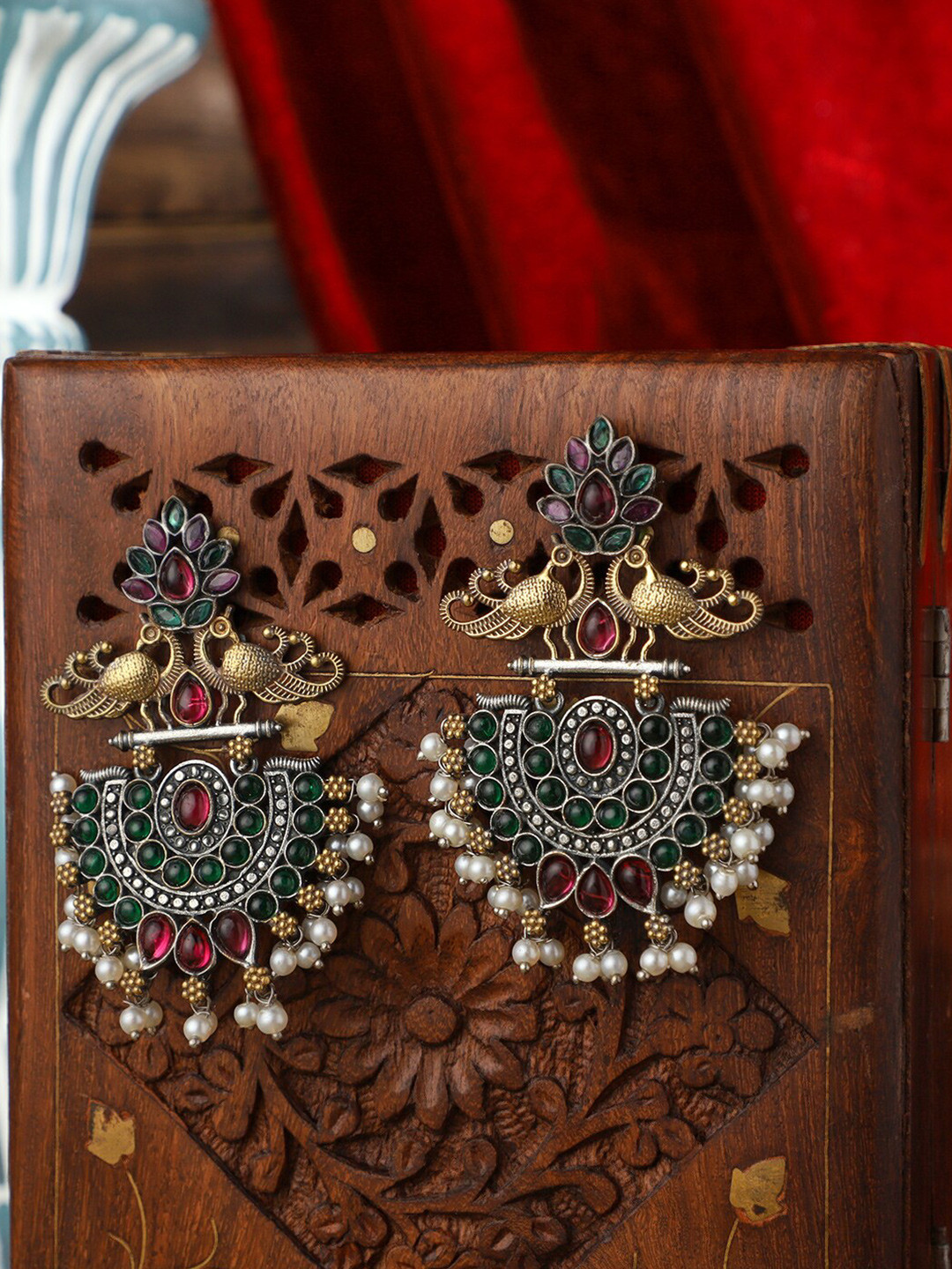 PATOLA BY VJ Silver-Plated Contemporary Beads Beaded Crescent Shaped Chandbalis