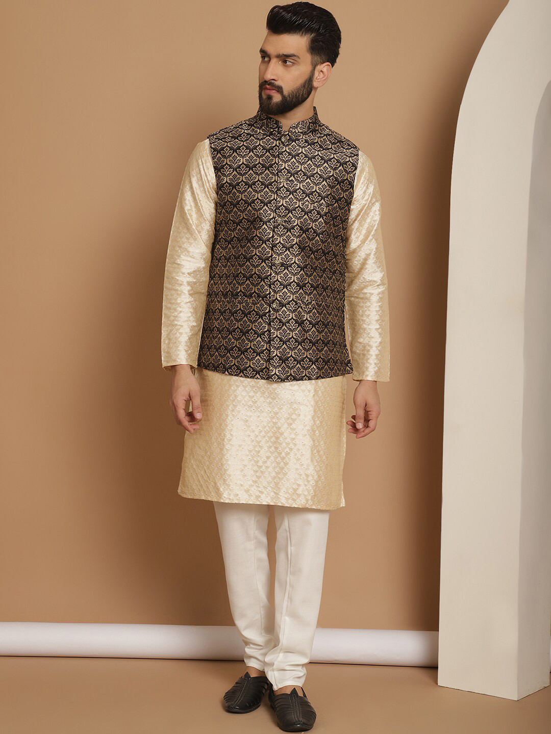 Anouk  Ethnic Motifs Print Mandarin Collar Straight Kurta & Churidar With Nehru Jacket