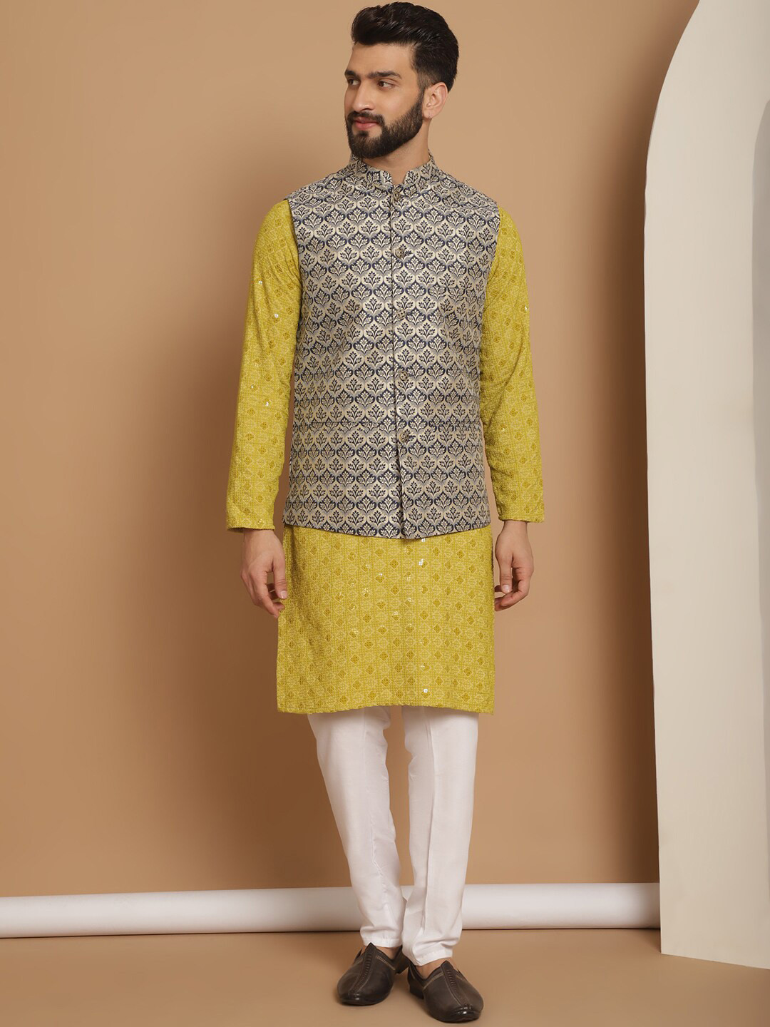 Anouk Green Woven Design Embroidered Regular Mandarin Collar Straight Kurta & Churidar