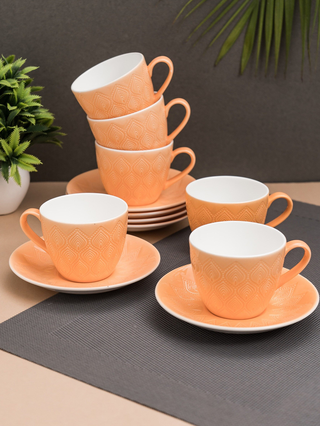 JCPL White & Orange Printed Ceramic Glossy Cups and Saucers Set 180 ML