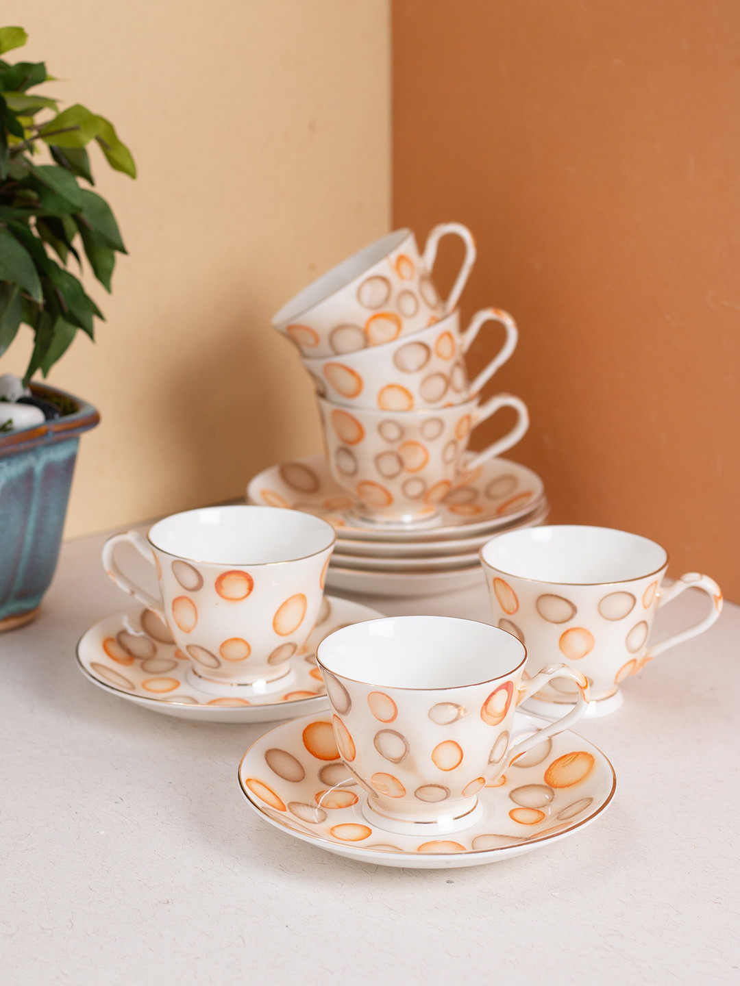 JCPL White & Brown 12 Pieces Printed Ceramic Glossy Cups and Saucers 180 ml