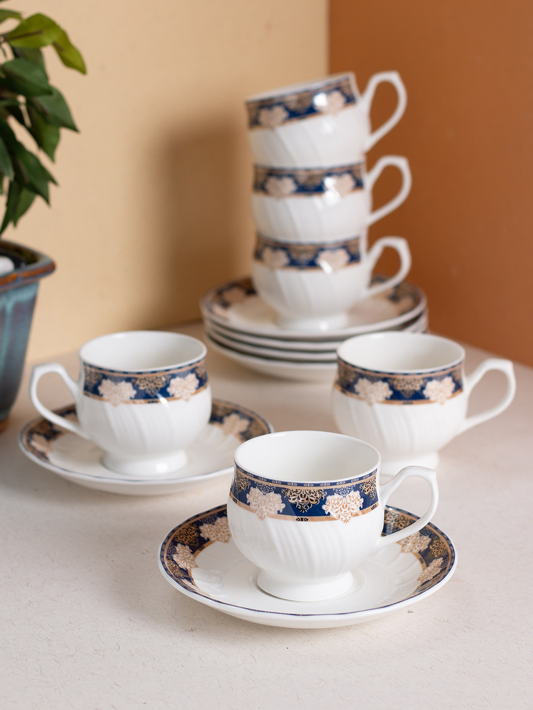 JCPL White & Navy Blue 12 Pieces Floral Printed Ceramic Glossy Cups and Saucers Set 180 ml