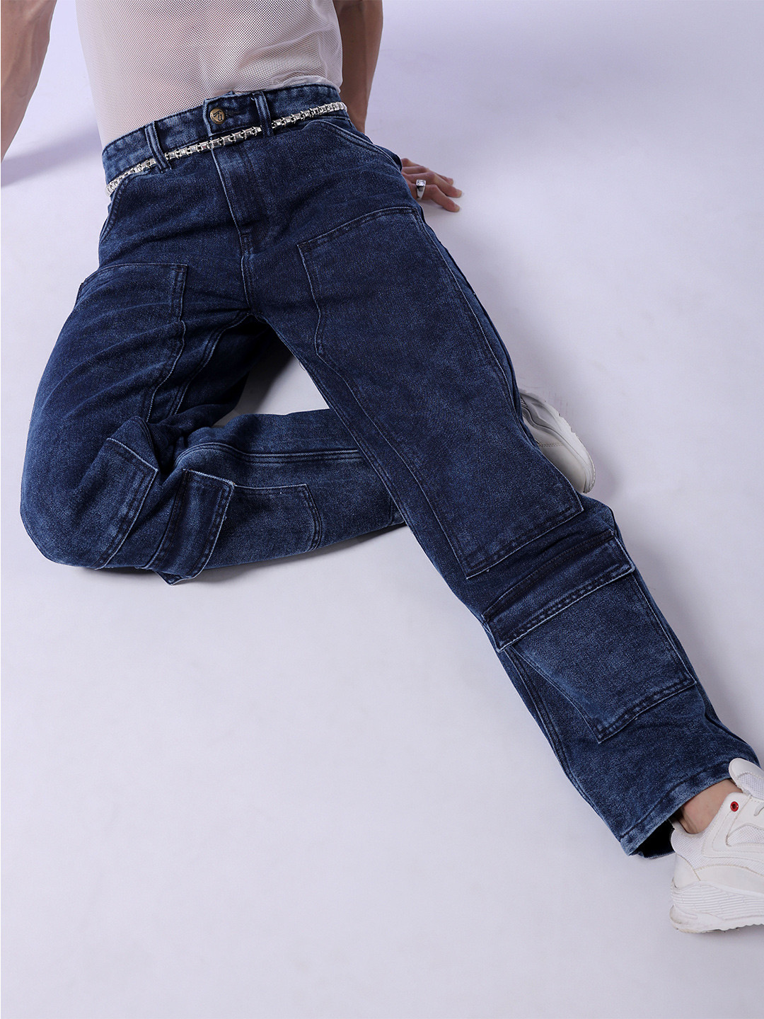 The Indian Garage Co Men Blue Baggy Fit Clean Look Carpenter Cargo Jeans