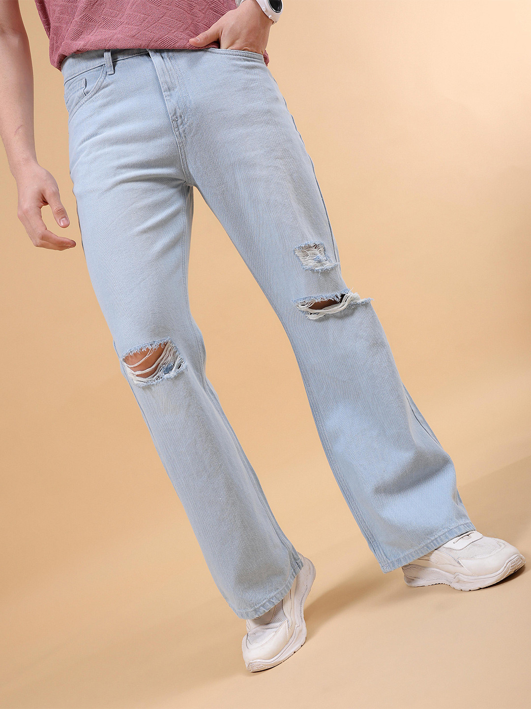 The Indian Garage Co Men Bootcut Highly Distressed Light Fade Pure Cotton Jeans