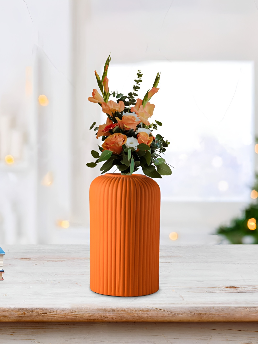 LASAKI Orange Textured Ceramic Flower Vase