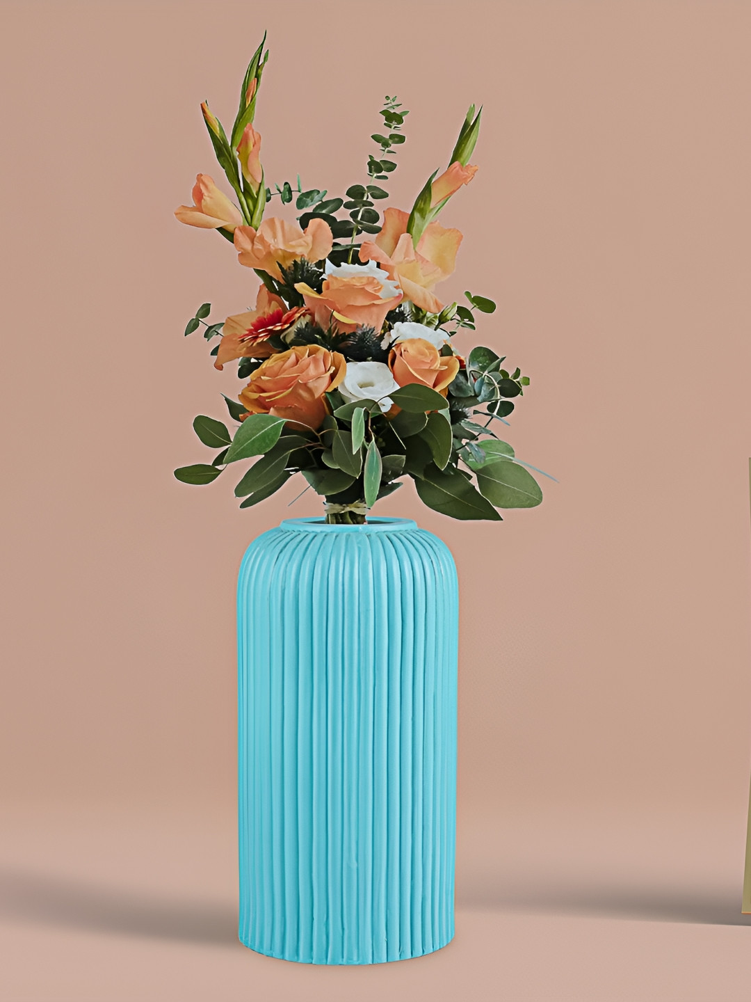 LASAKI Evelyn Blue Ribbed Cylindrical Ceramic Flower Vase