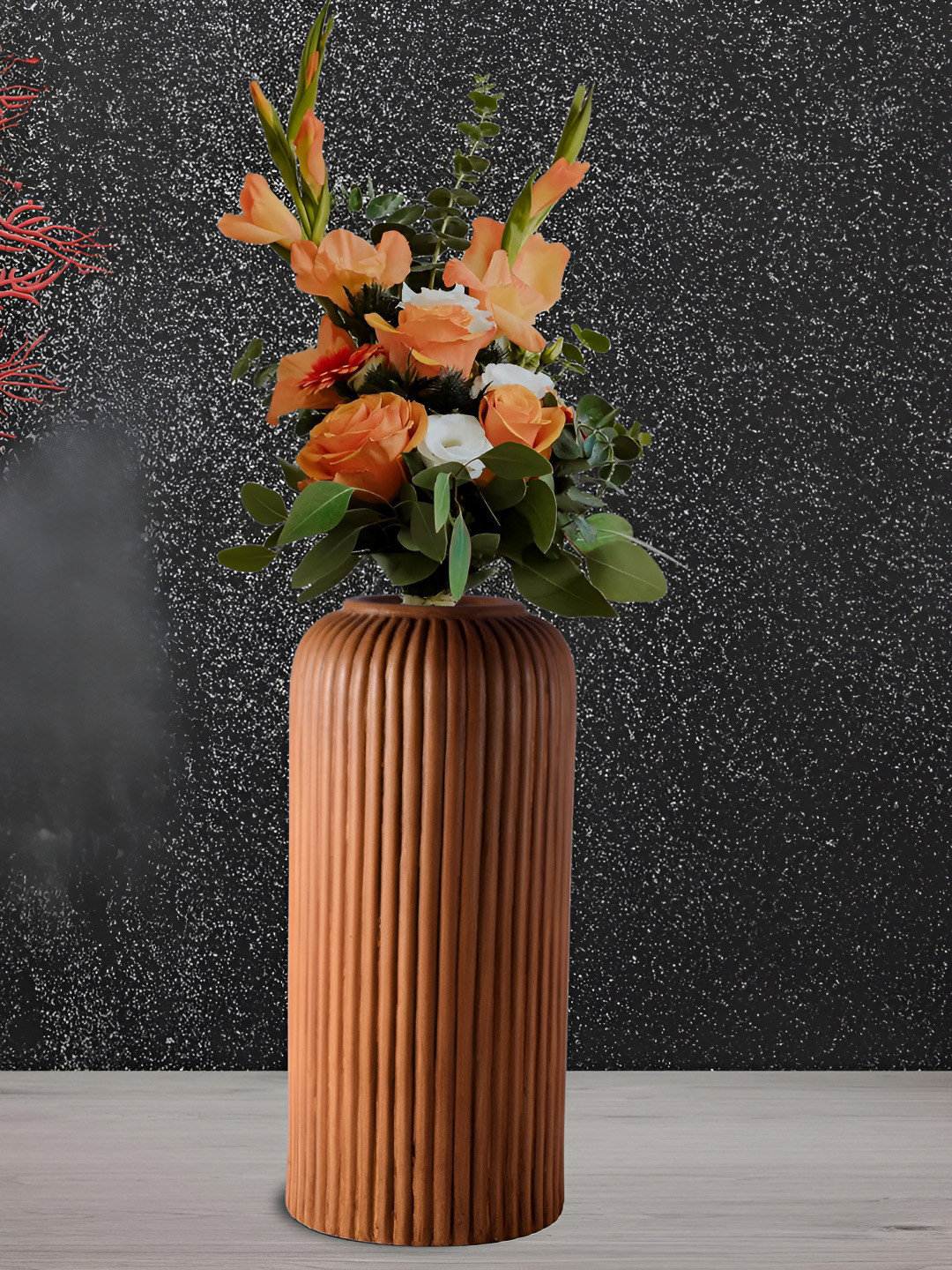 LASAKI Evelyn Brown Ribbed Cylindrical Ceramic Flower Vase