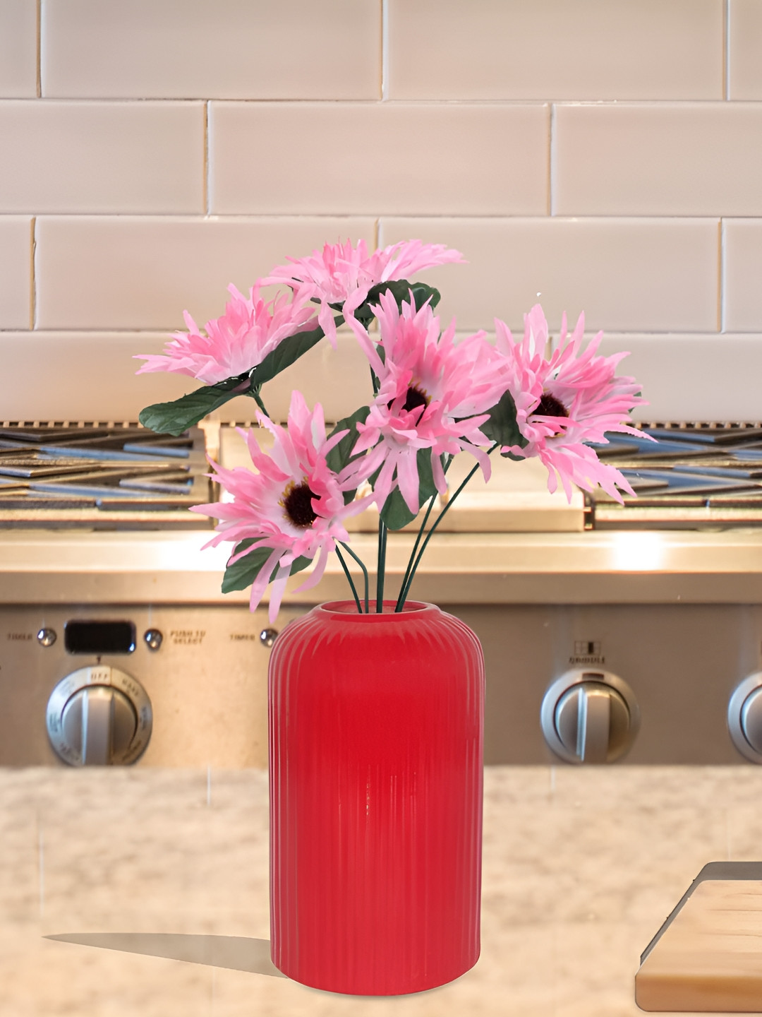 LASAKI Evelyn Red Ribbed Cylindrical Ceramic Flower Vase