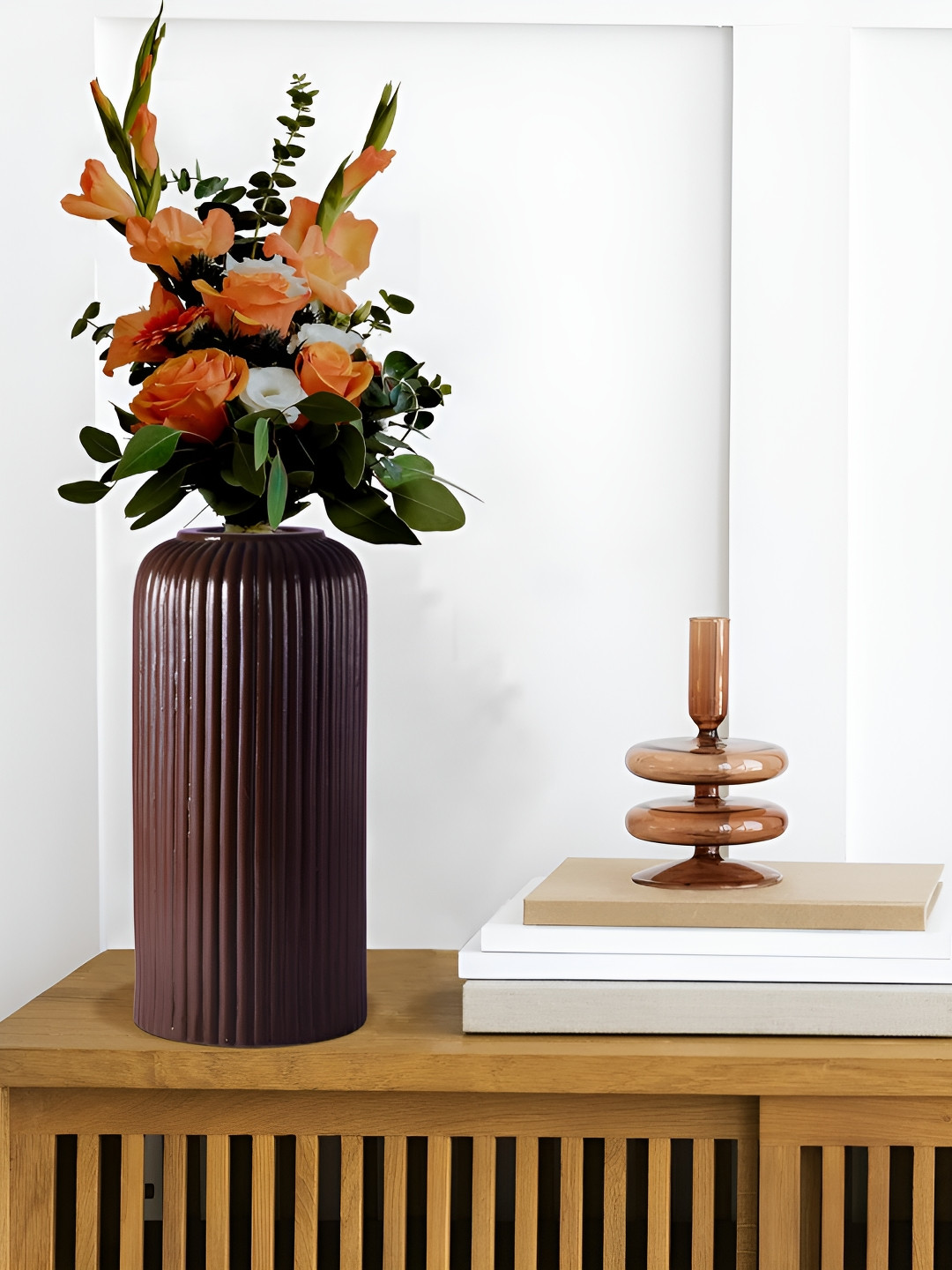 LASAKI Evelyn Brown Ribbed Cylindrical Ceramic Flower Vase