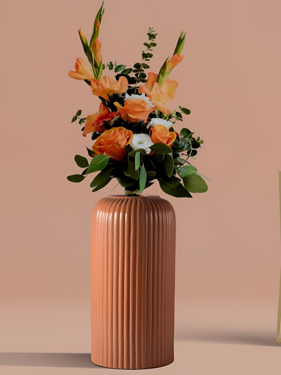 LASAKI Evelyn Brown Ribbed Cylindrical Ceramic Flower Vase