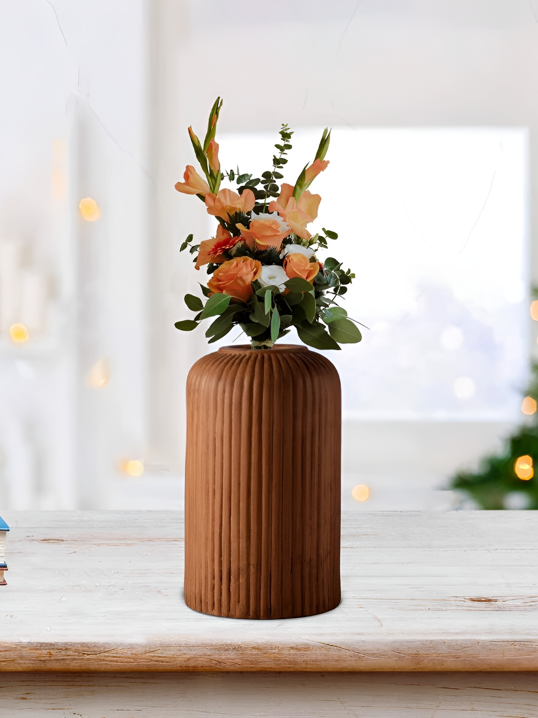 LASAKI Evelyn Brown Patterned Cylindrical Ceramic Flower Vase