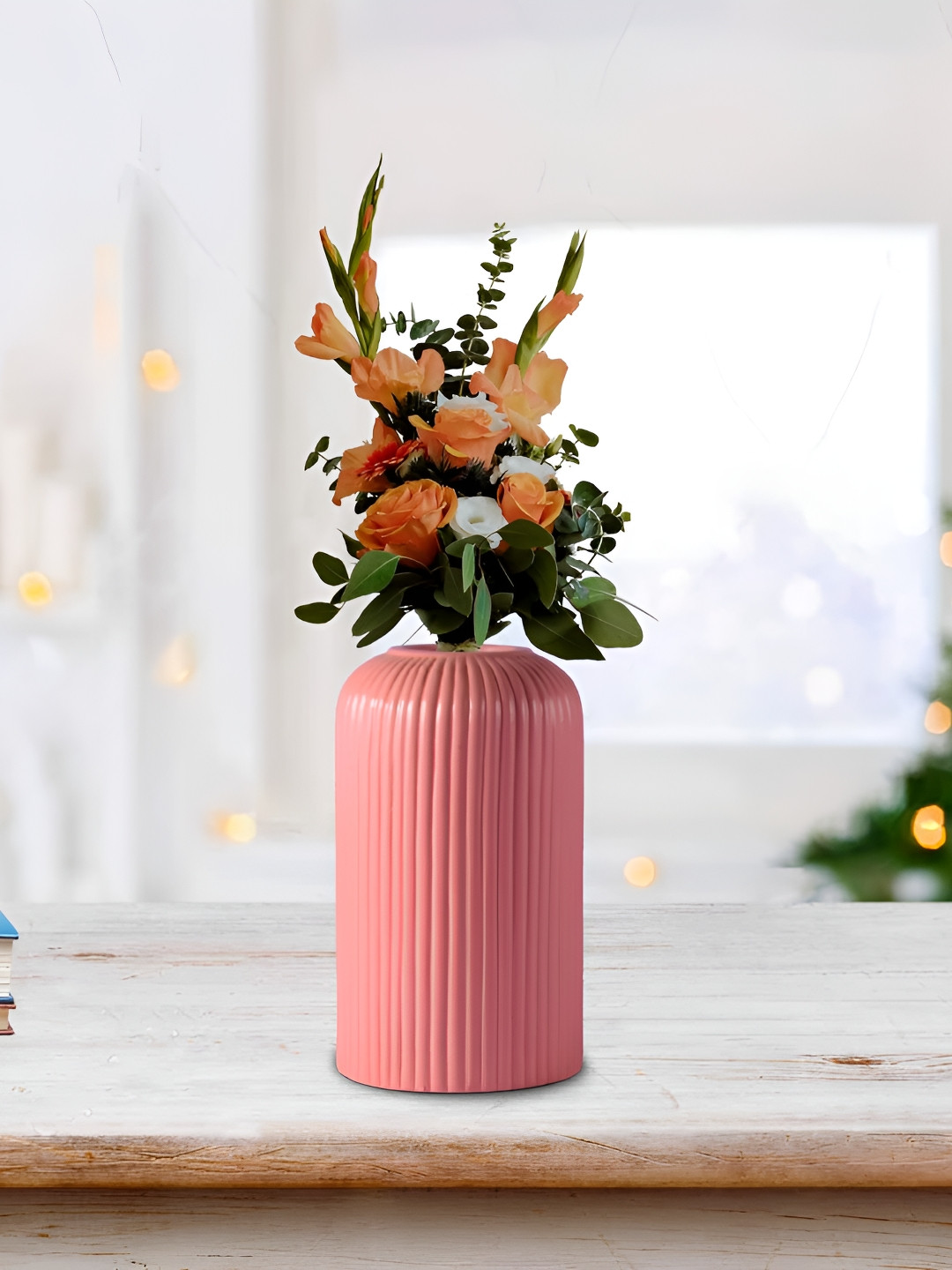 LASAKI Evelyn Pink Textured Cylindrical Ceramic Flower Vase