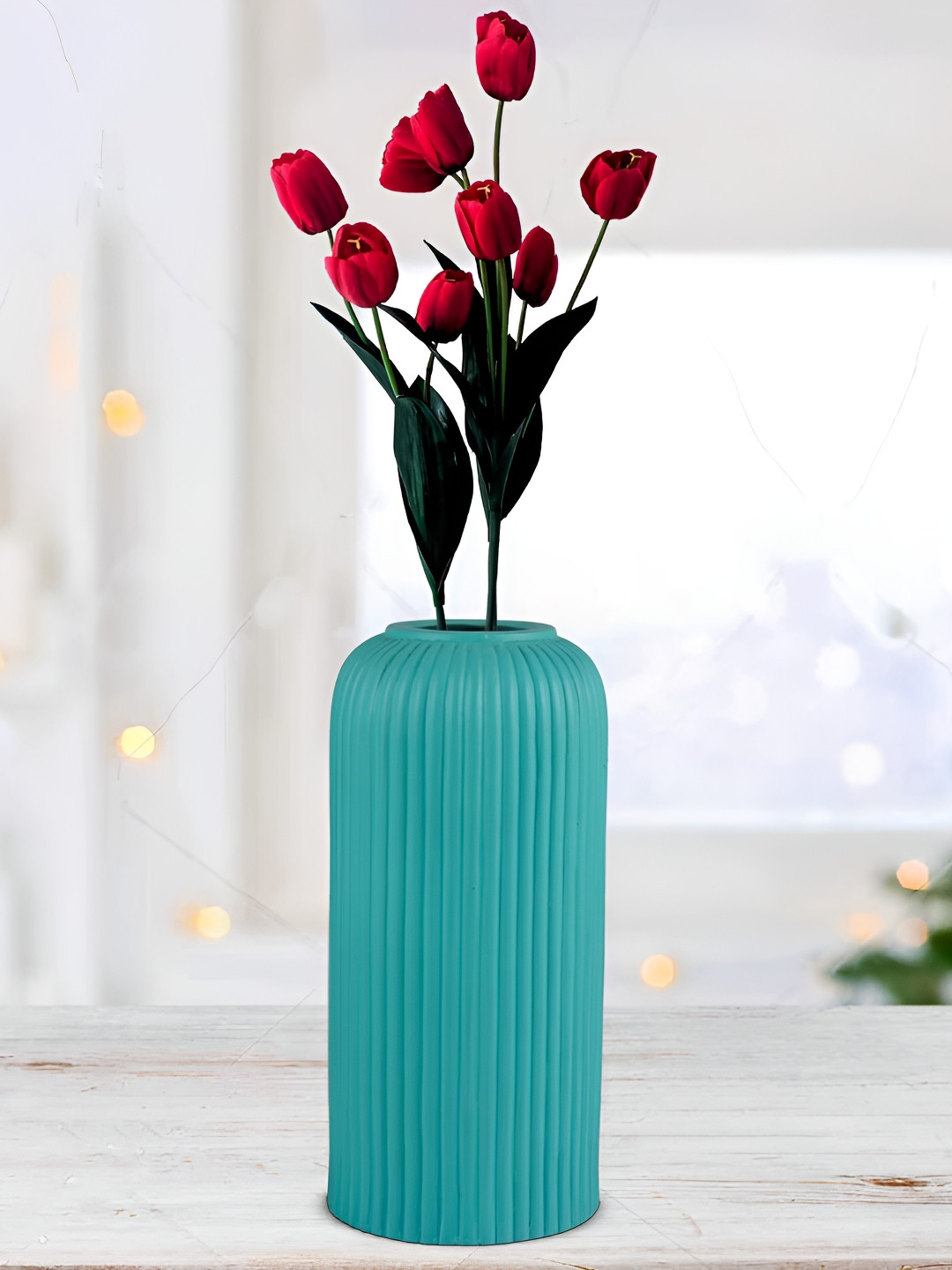 LASAKI Evelyn Blue Textured Cylinder Shape Ceramic Flower Vase